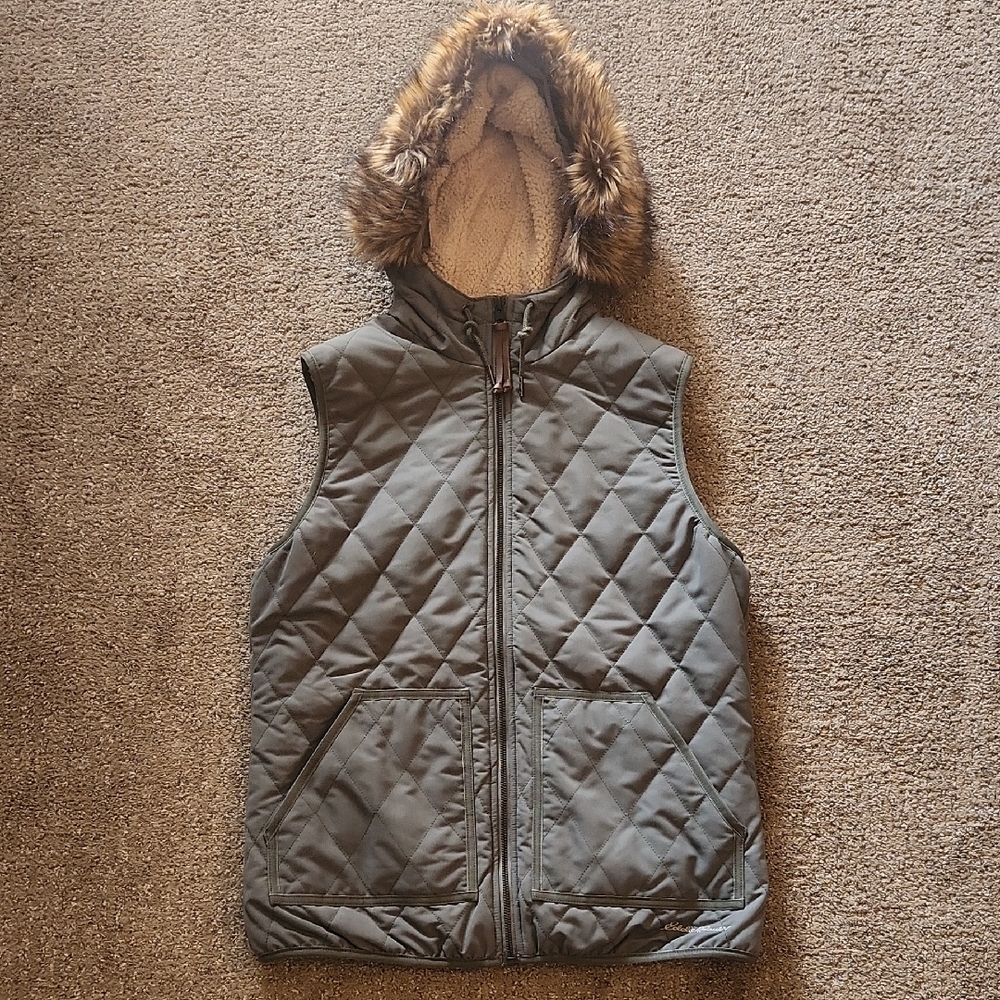 Eddie Bauer Quilted Hooded Vest with Faux-Fur Trim - Olive Green